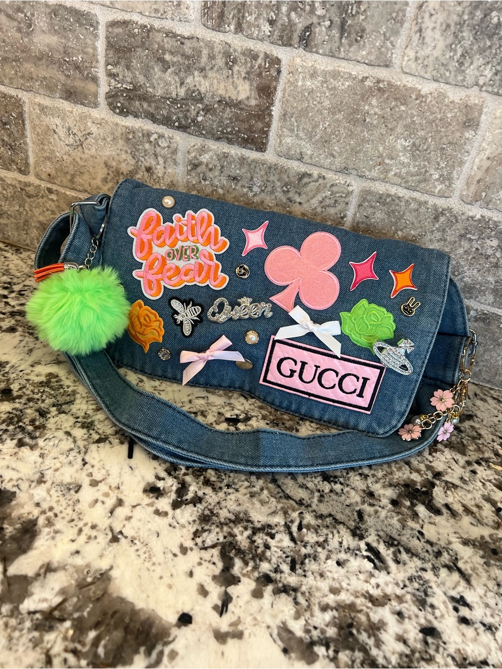 Denim Pink/Lime Green/Orange Themed ‘Junk’ Patch Work Purse